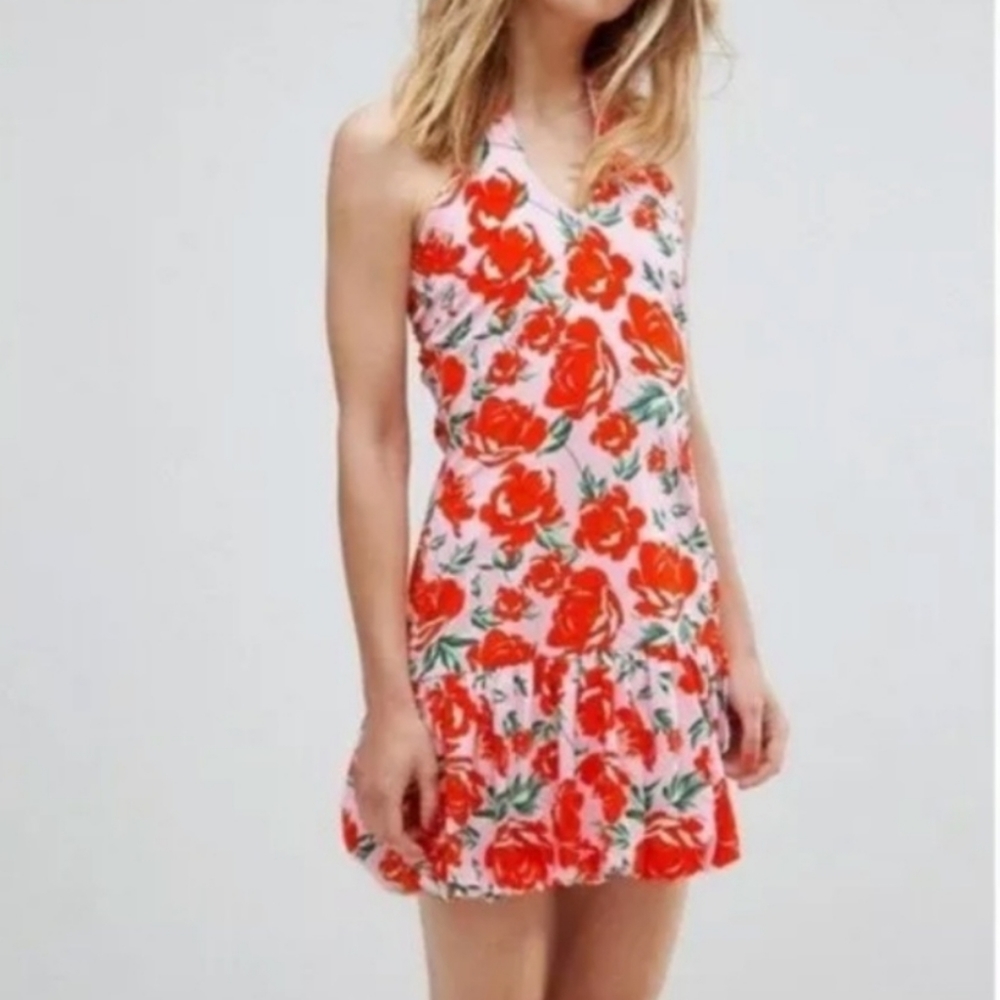 ASOS Pink & Red Roses Bubble Hem Short Dress